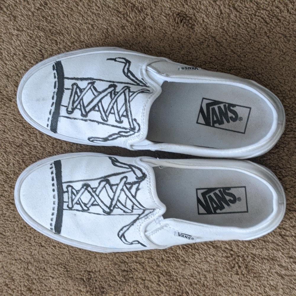 Hand painted white canvas Vans size 8